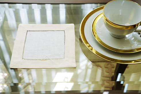 White Hemstitch Cocktail Napkin 6" with Almond Milk border - Click Image to Close